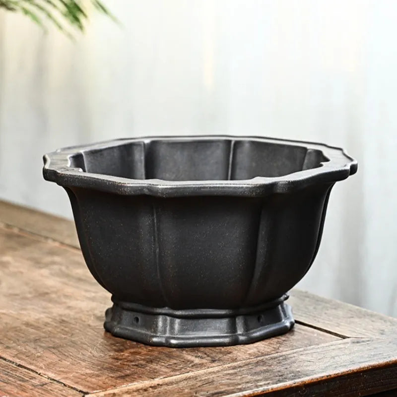 Handmade purple sand round flower pot with ancient copper clay finish for lotus begonia and indoor plants