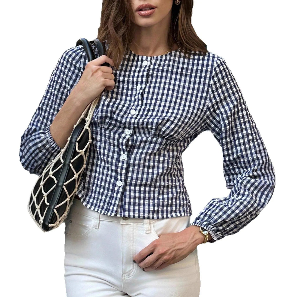 Women's retro casual round neck plaid shirt in dark blue with long sleeves and contrasting splicing, on hanger