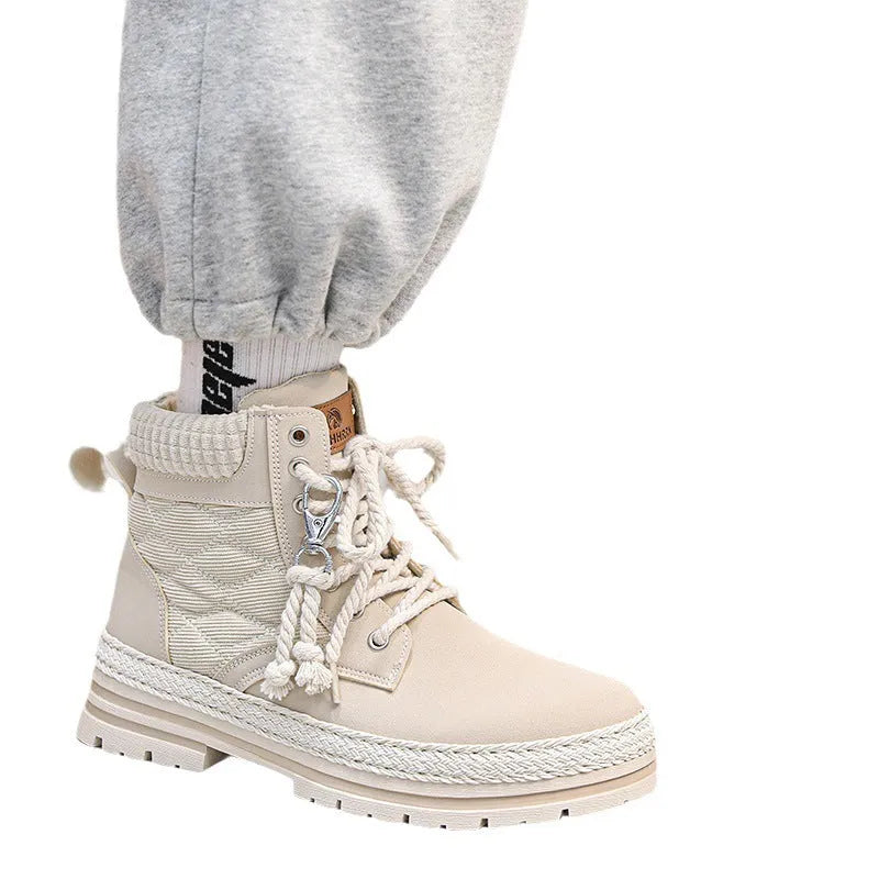 High-top platform Martin boots for students, animal pattern, pointed toe, beige colour