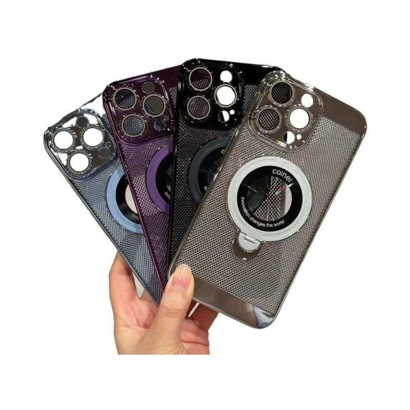Rotary magnetic phone case with bracket and honeycomb cooling holes, electroplated PC, for iPhone 15
