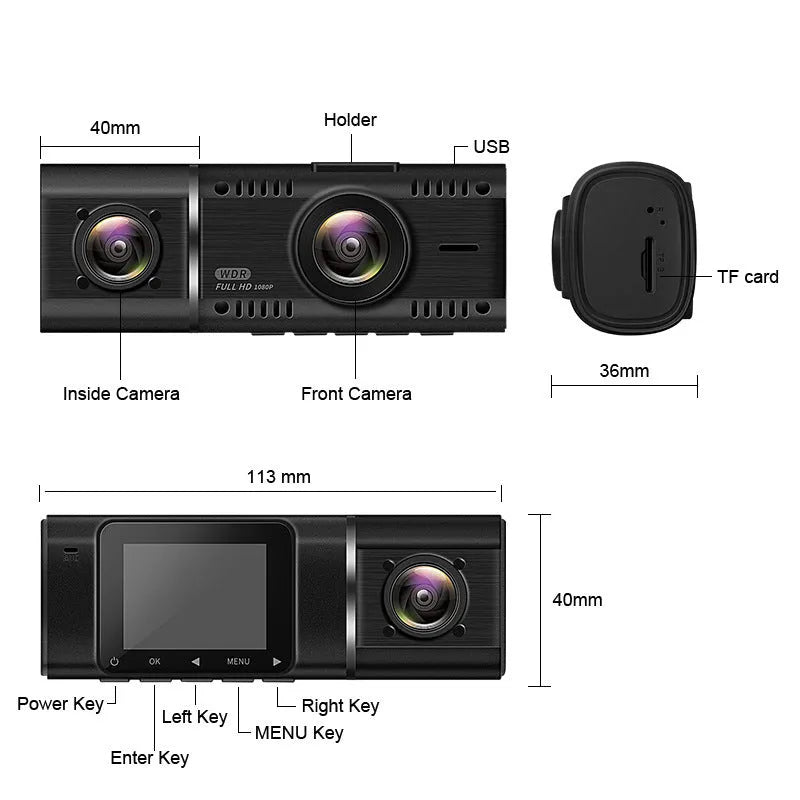 Black dual-lens car dash cam with 1.5-inch screen, mount, and car charger on a dashboard.