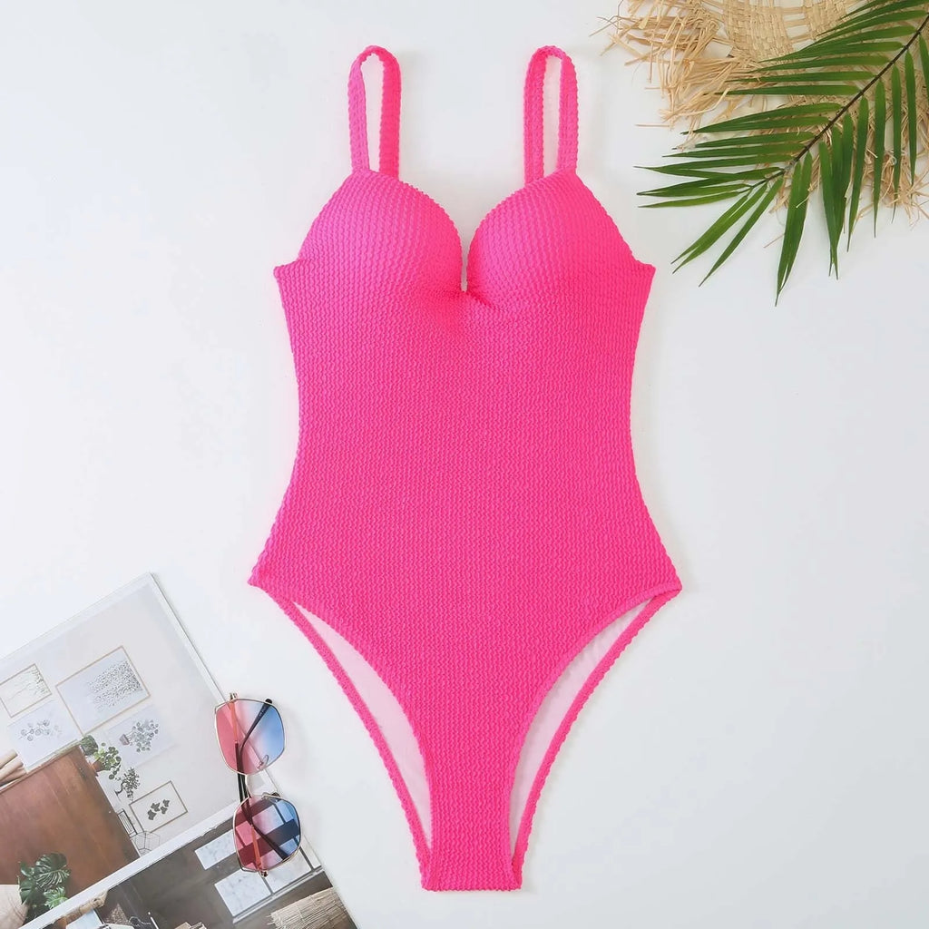 Women's one-piece swimsuit with sunk stripe pattern in polyester fabric for swimming