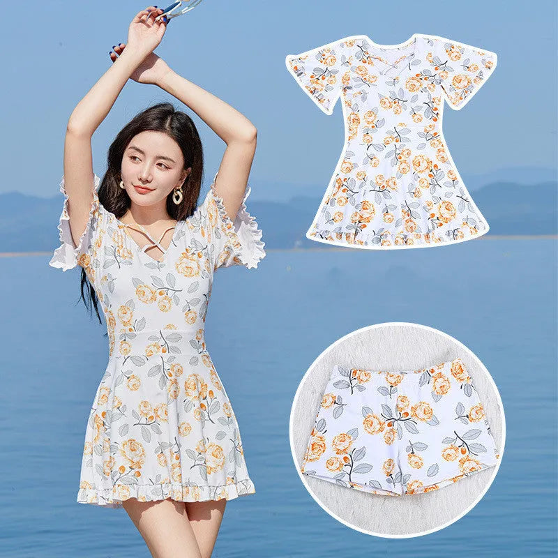 Women's high waist slimming swimsuit with floral print in blue pattern and white flower options