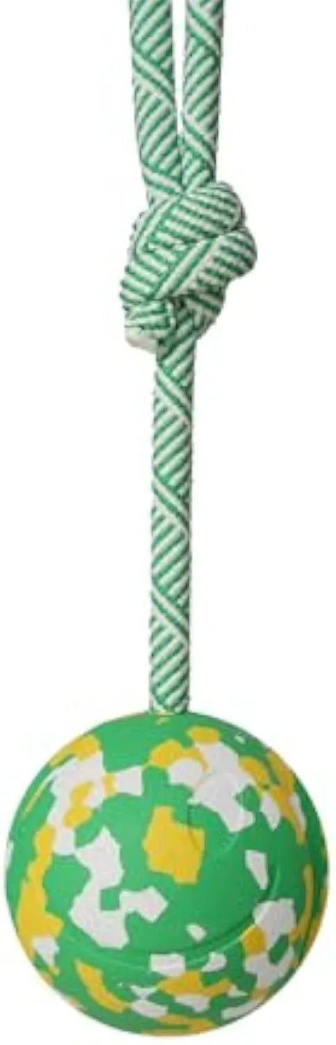 Natural rubber dog ball attached to a blue nylon rope for fetch and tug games