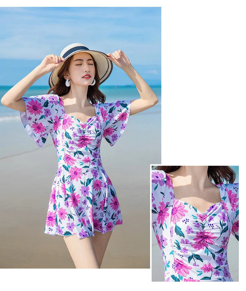 Women's dress-style slimming swimsuit with floral printed pattern in polyester fibre