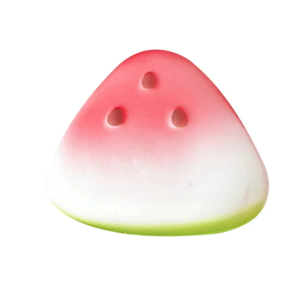 Plastic squeeze toy in watermelon and milk brick shapes, five colours including yellow, pink, white, and chocolate