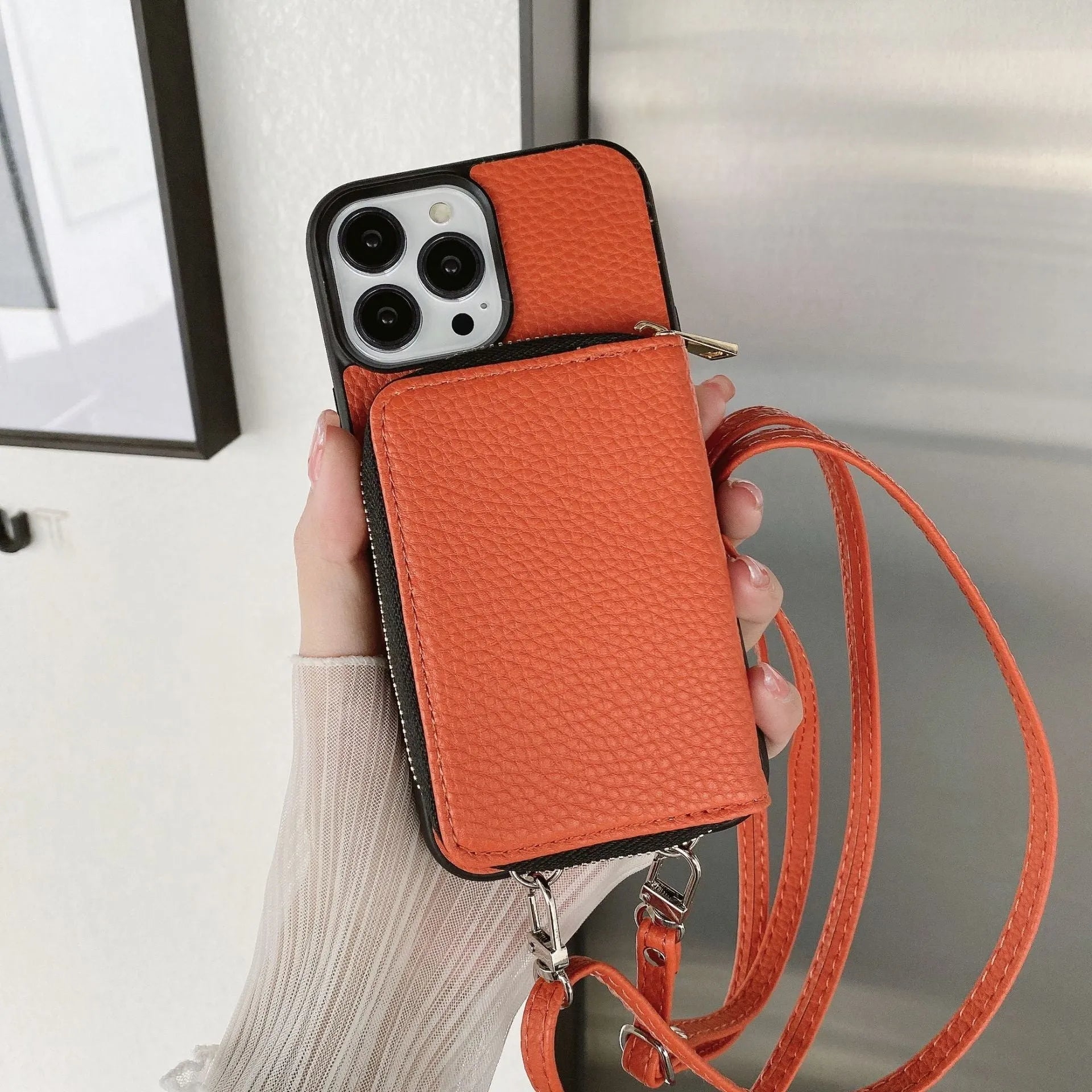 Litchi patterned protective phone case for iPhone models in various colours including black and green.