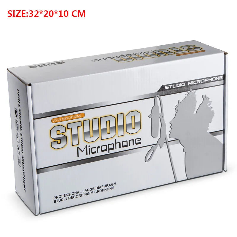 Professional condenser microphone with cardioid pickup pattern and USB cable for recording and live streaming.