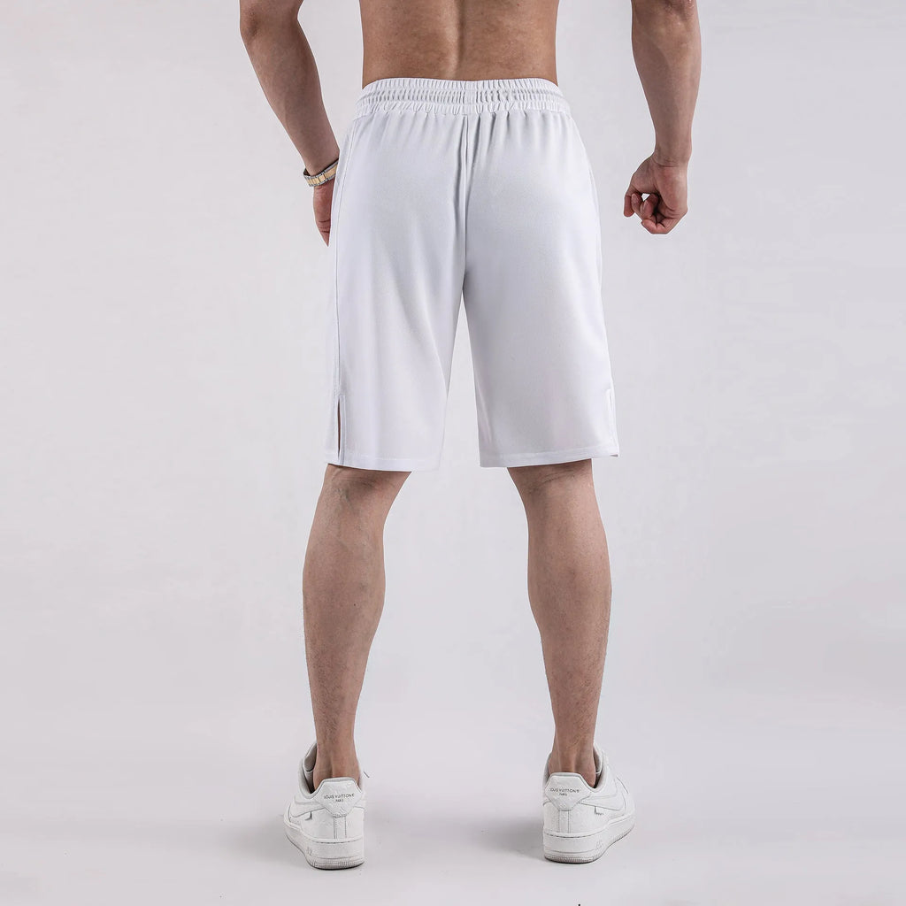 Men's black quick-drying mesh fitness shorts with a loose fit and elastic waist.