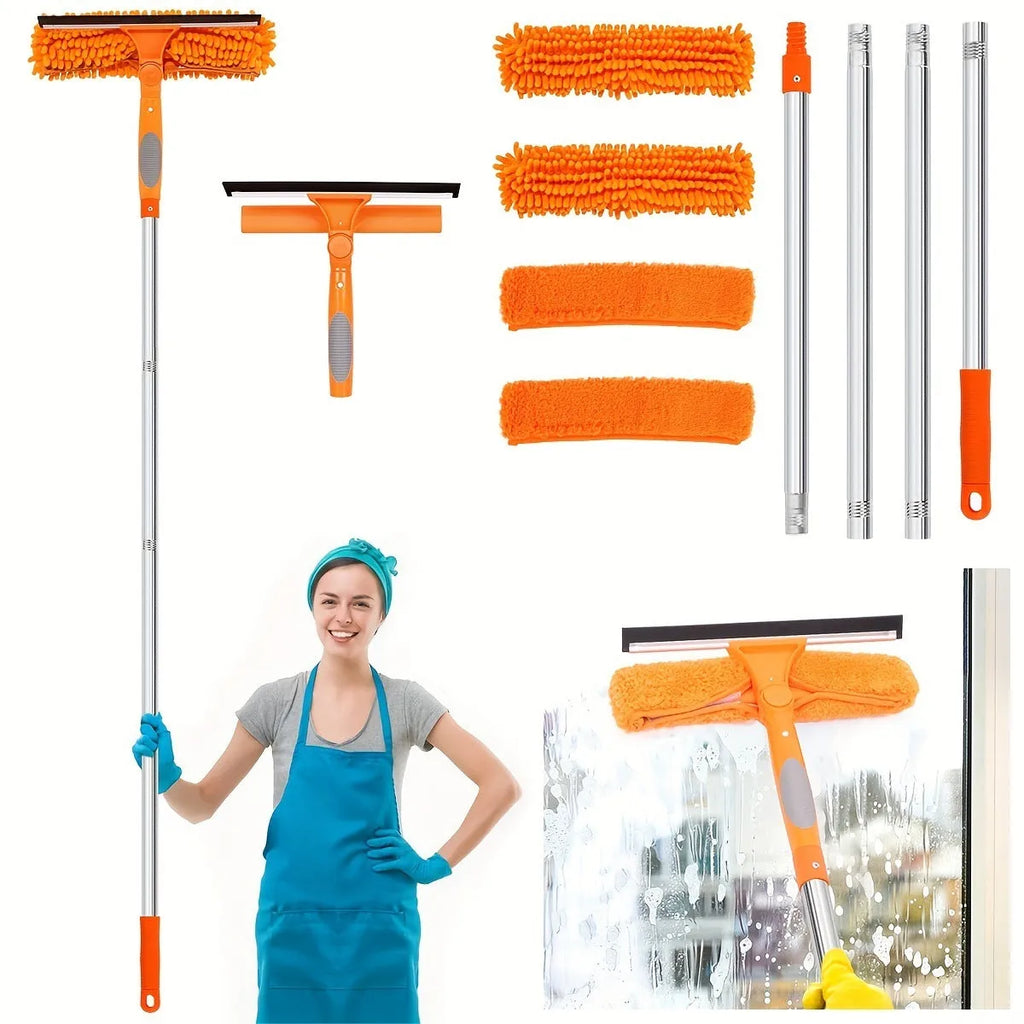 Two-in-one glass squeegee with stainless steel pole sections, rotating head and four cloth covers in blue, orange or grey