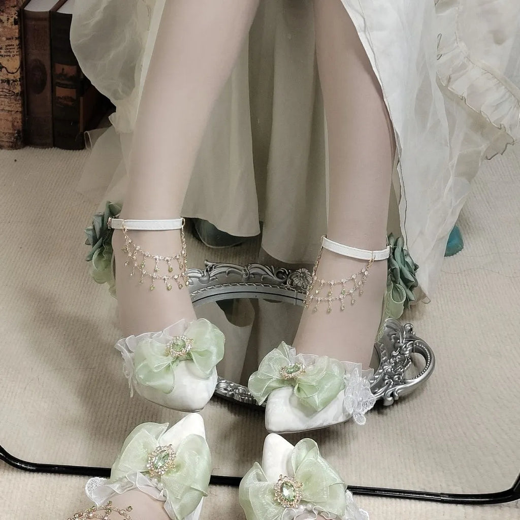Handmade flower bow PU short stout heel wedding high heels round toe in white