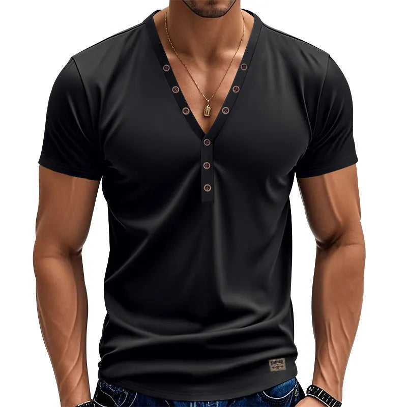 Men's loose fit V-neck pullover top with button design in light blue colour