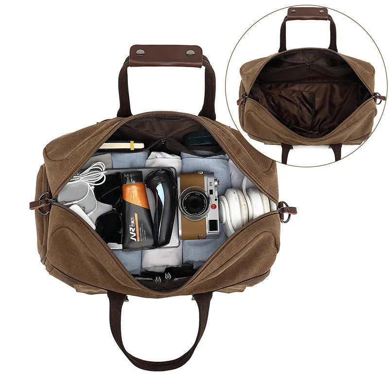 Men's canvas crossbody travel bag in black, brown or grey with 36-55 litre capacity