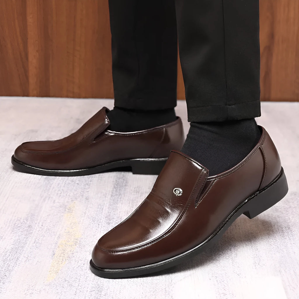 Men's black and brown plus size casual leather shoes with rubber soles showing leather toe holder detail
