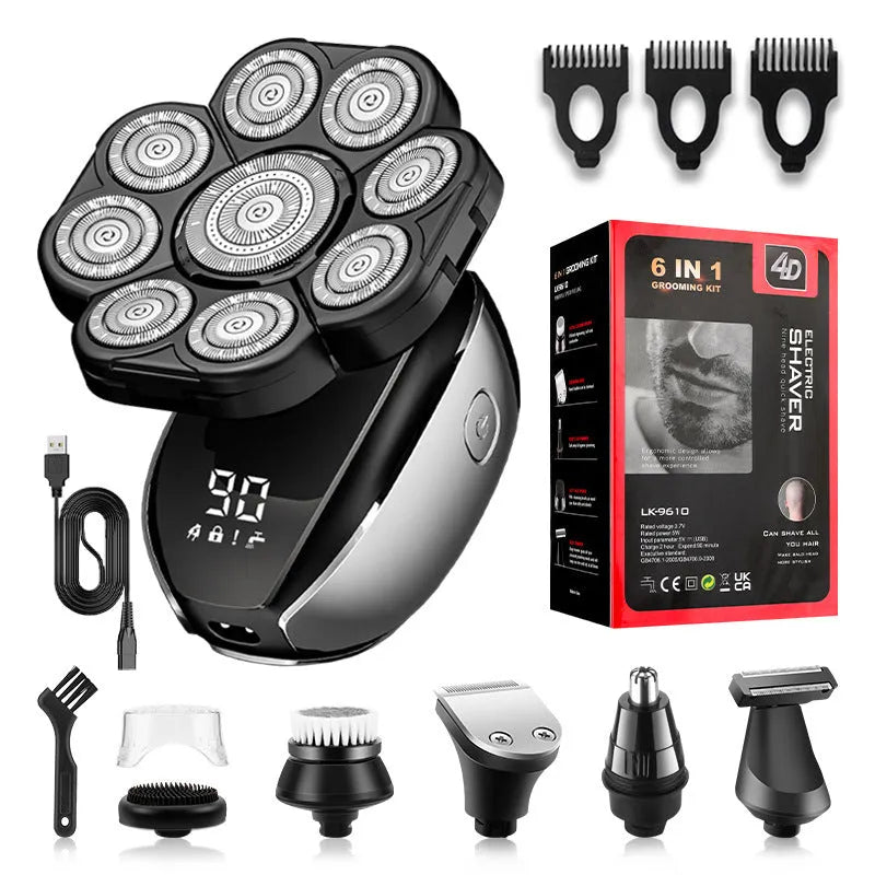 Black rechargeable 6-in-1 multifunctional hair clipper and shaver kit with attachments laid out.