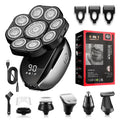 Black rechargeable 6-in-1 multifunctional hair clipper and shaver kit with attachments laid out.