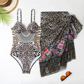Women's leopard print one-piece swimsuit with matching mesh long dress and pants