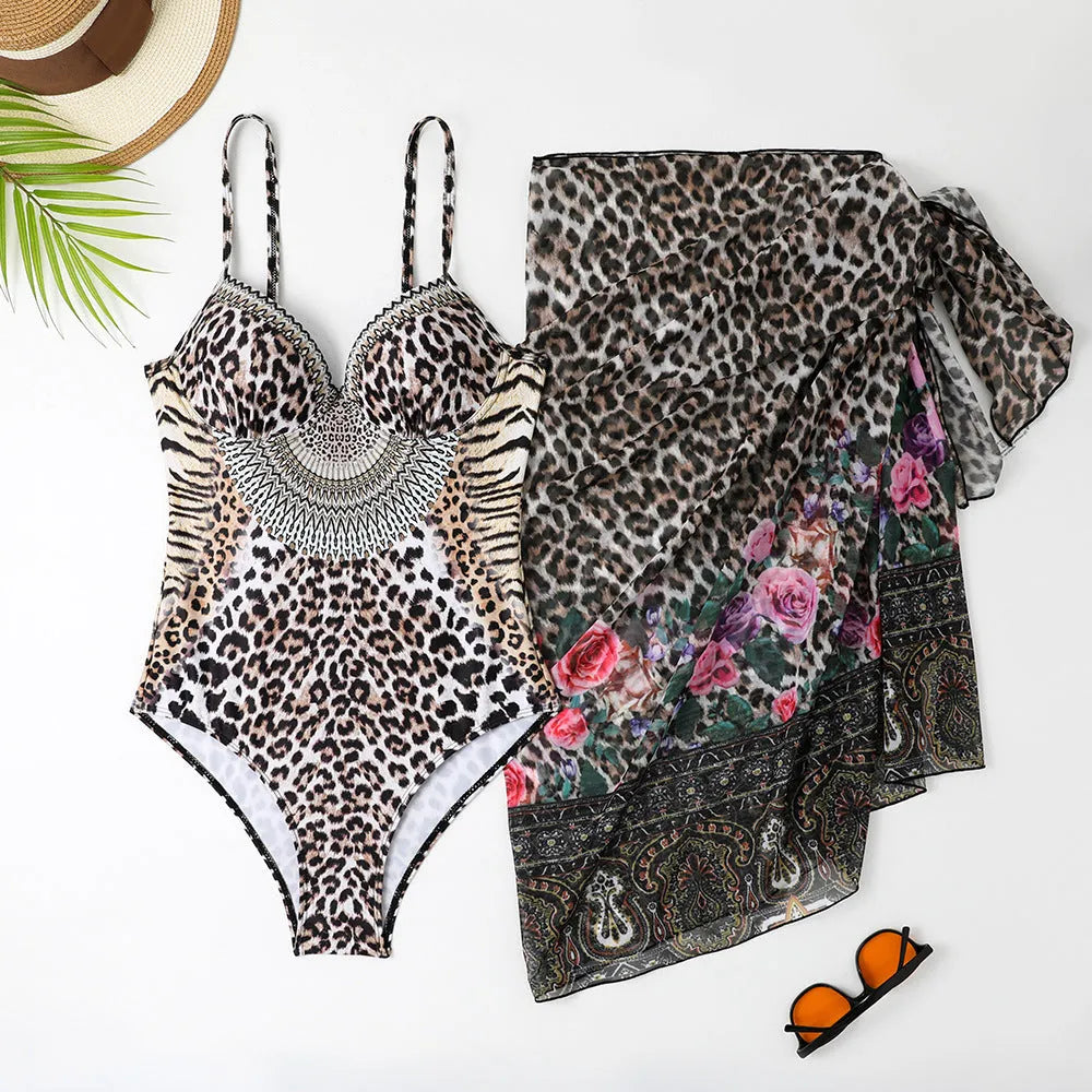 Women's leopard print one-piece swimsuit with matching mesh long dress and pants