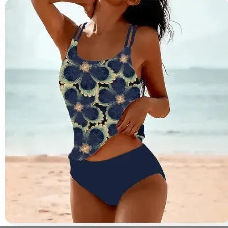 Conservative high waist swimwear set with vintage dot pattern in black colour showing front and back views