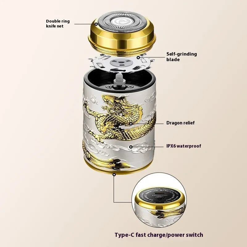 Rechargeable electric shaver with three-dimensional relief dragon pattern in Baijinlong Series colour
