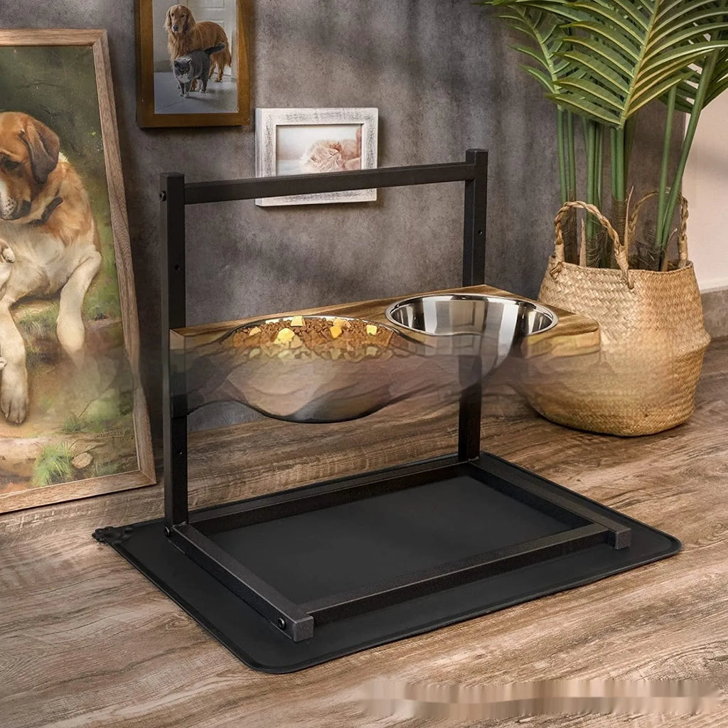 Black iron elevated dog bowl rack holding two separate pet food and water bowls