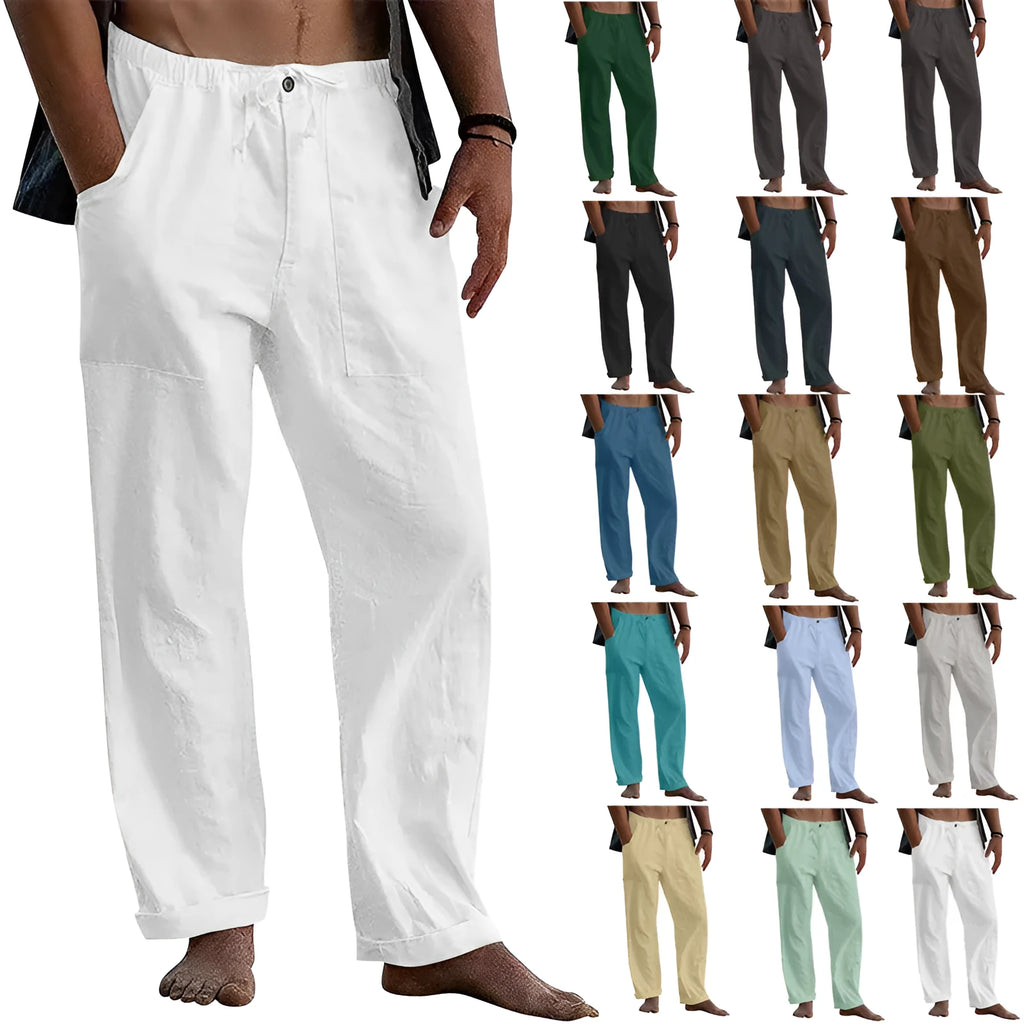 Men's loose fit cotton casual trousers with drawstring waist in solid colours, sizes S to 5XL