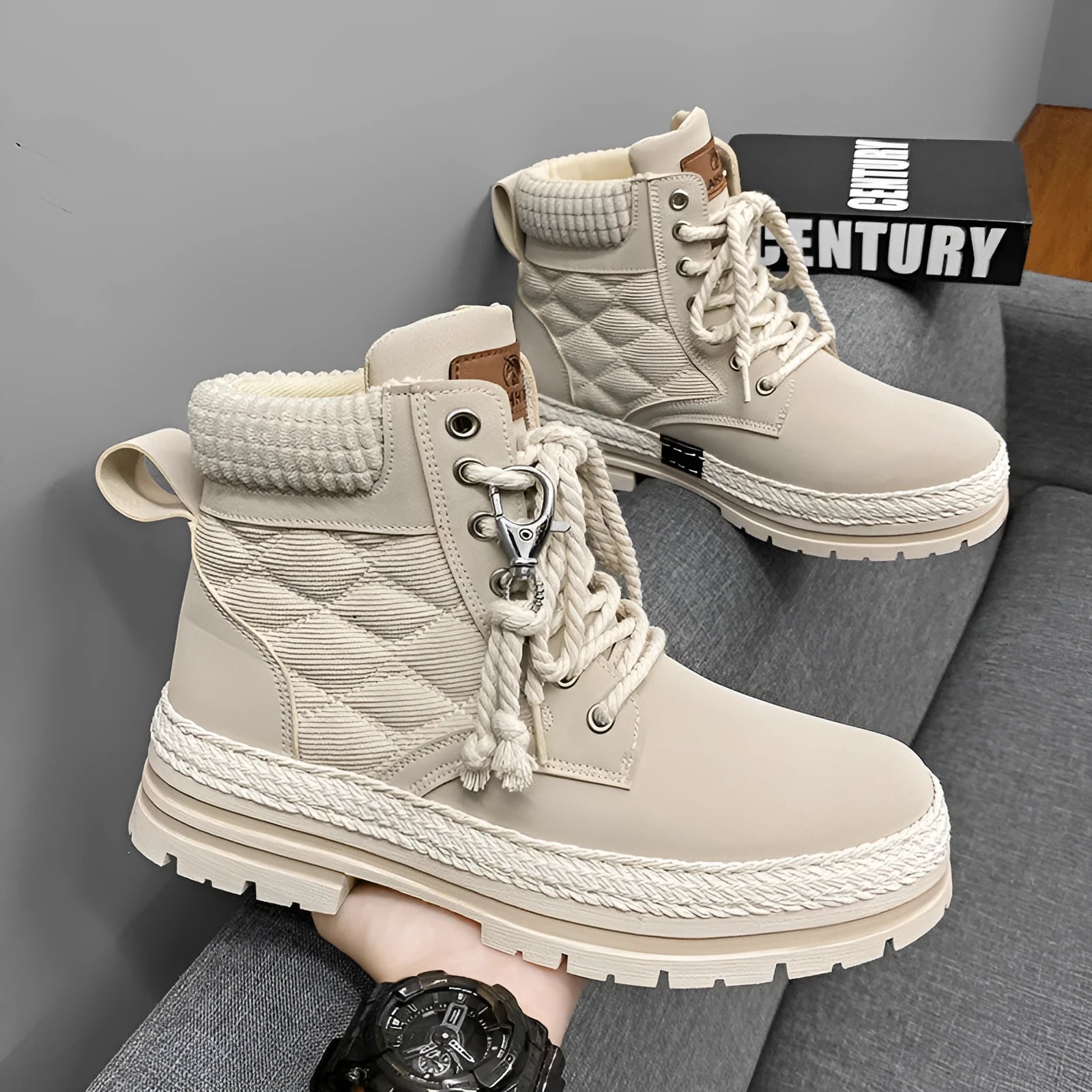 High-top platform Martin boots for students, animal pattern, pointed toe, beige colour