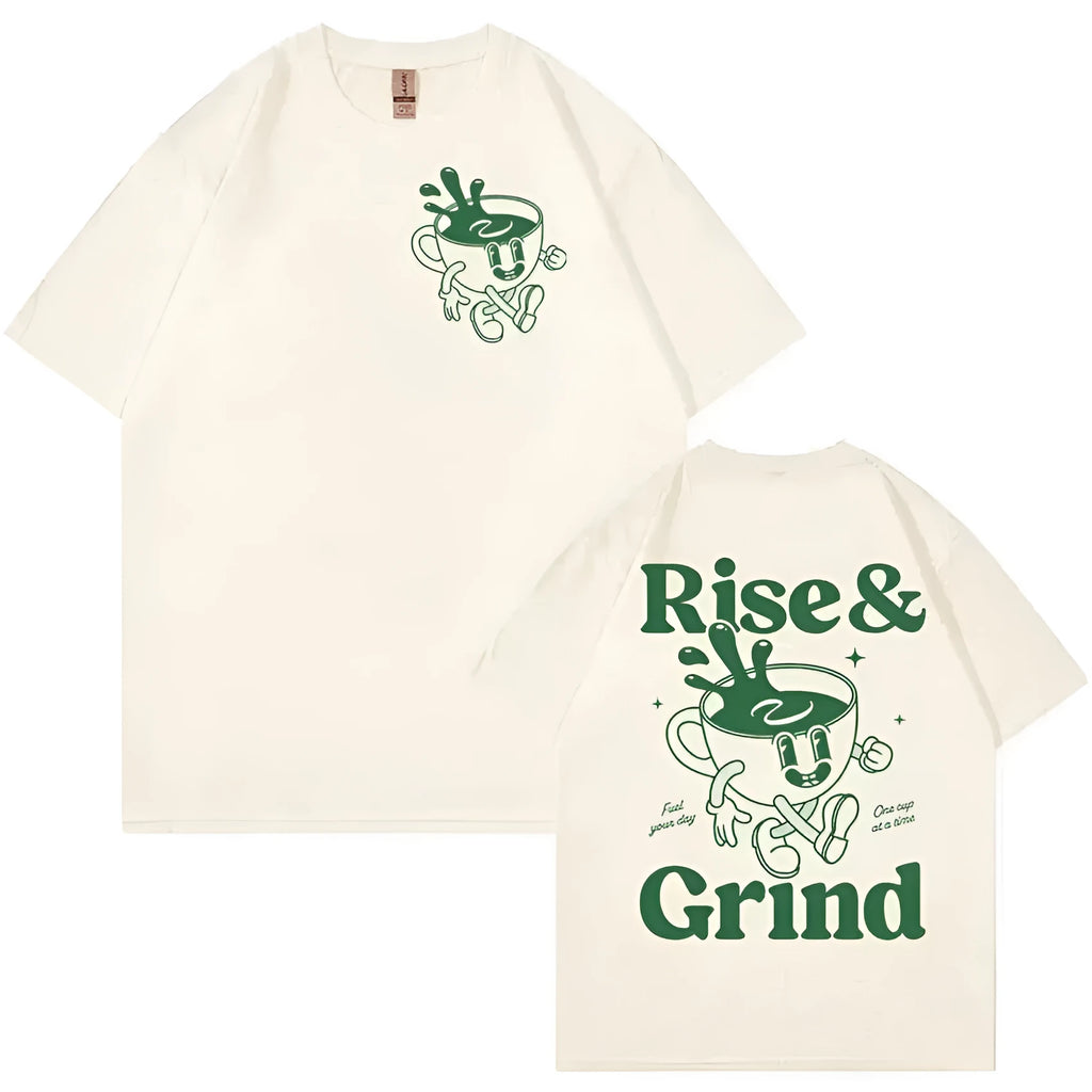 A loose-fit black linen t-shirt with a printed Rise And Grind Green Coffee Fun Expression Bag cartoon design on the front.