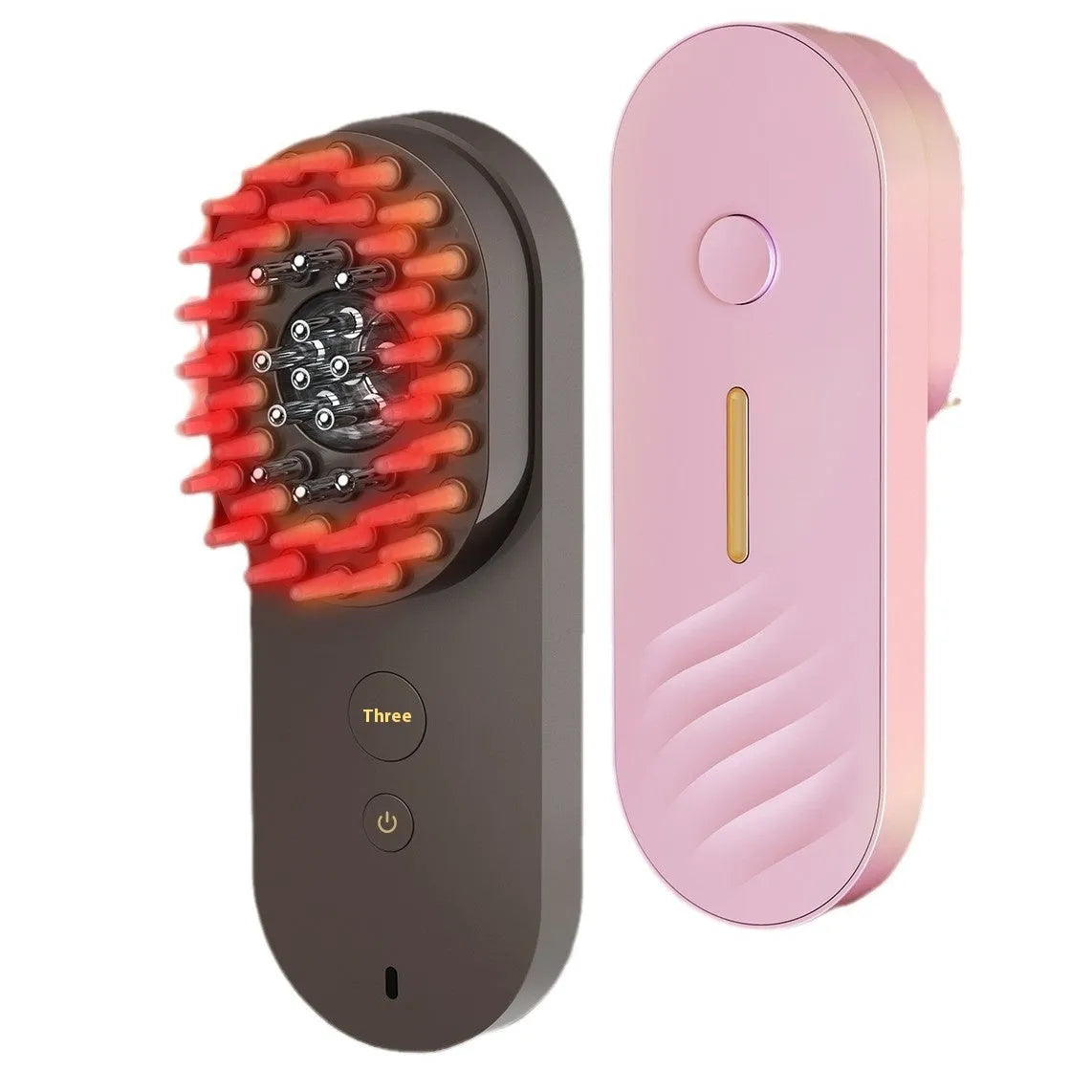 Smart massage comb with red LED lights in pink and black colour options showing compact design
