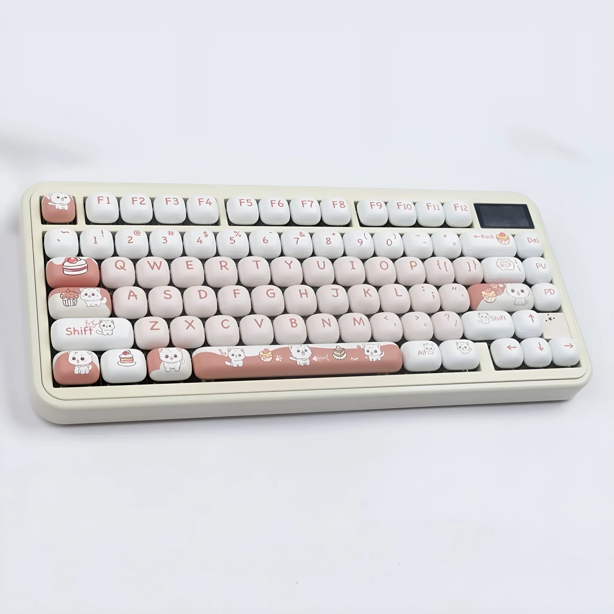 Cartoon dessert cat MOG round key cap set for mechanical keyboards, showing sublimated PBT design.