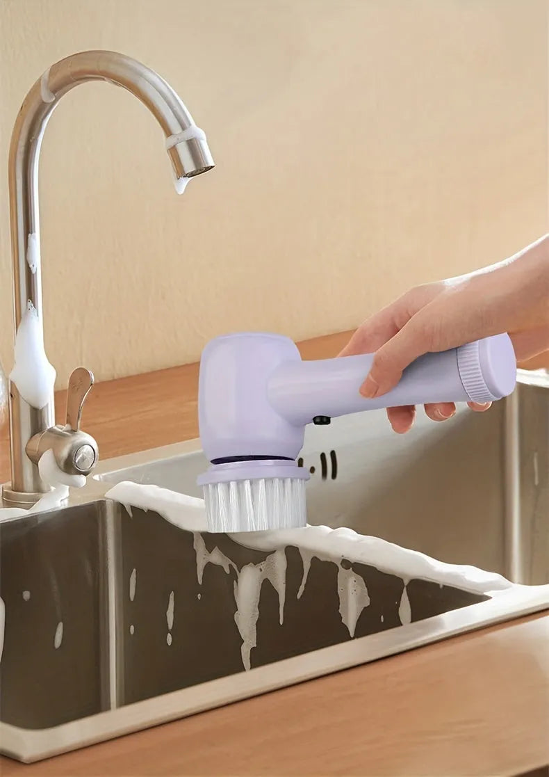 5-in-1 electric rotary brush cleaner with interchangeable heads for bathroom sink kitchen and window cleaning in white