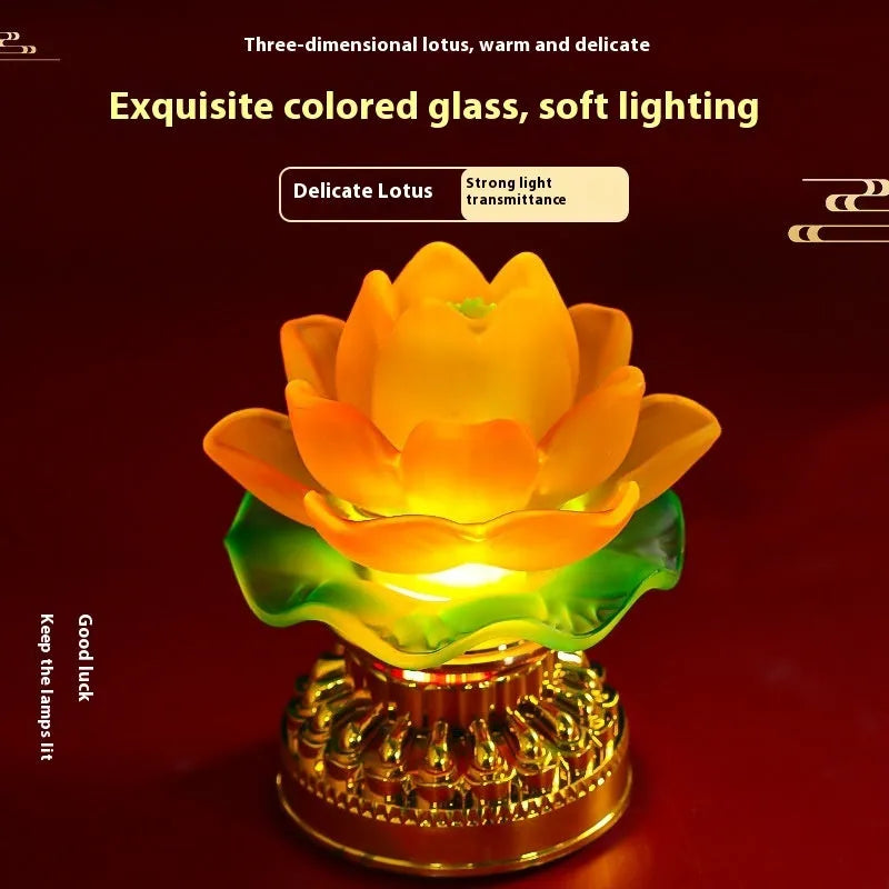 Yellow Chinese-style lotus lamp for Buddha altar decor on a table.