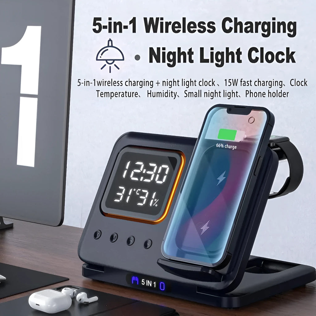 Black 5-in-1 wireless charging station displaying time and temperature, charging a phone and a smartwatch.