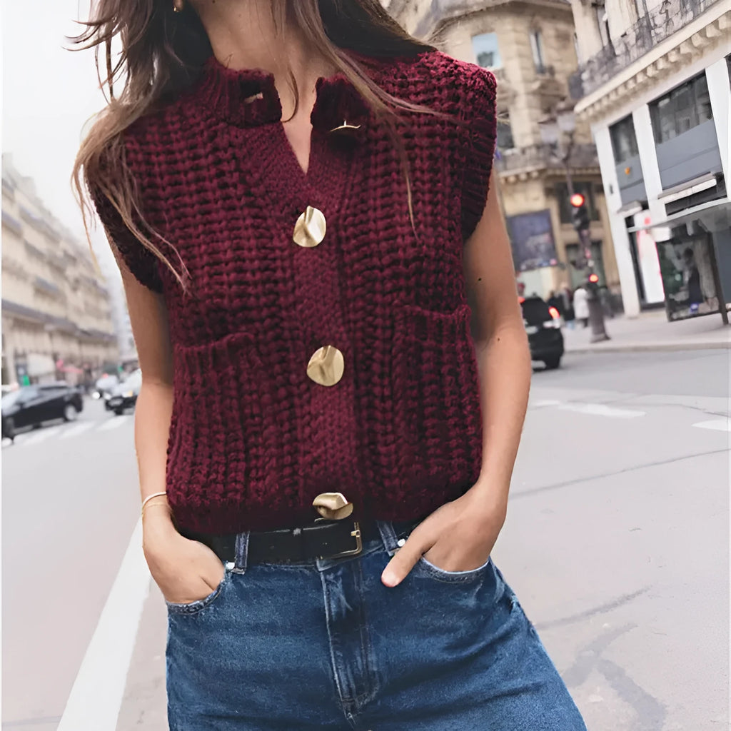 Women's button thick knitted short cardigan in apricot colour, front view, short length