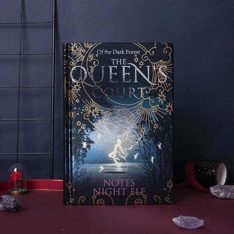 Blue and purple A5 hardcover notebooks with luminous retro covers, open to show full-colour illustrated pages.