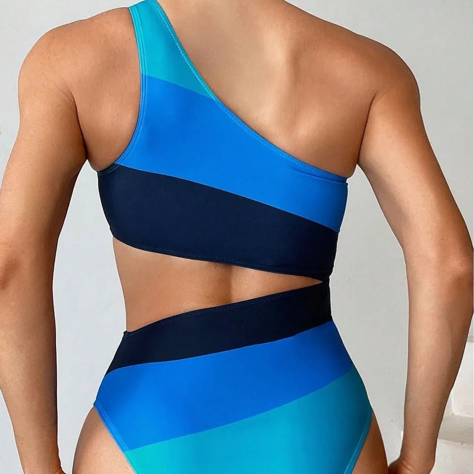 Women's one-piece swimsuit with oblique shoulder and high fork, pink or blue stitching, nylon spandex