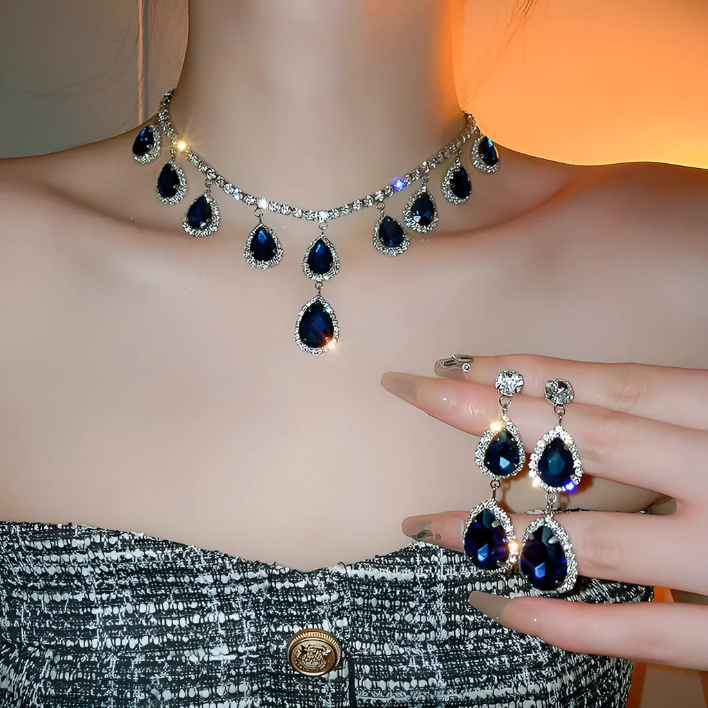 Silver needle water drop earrings and necklace set in blue with zircon pendant on alloy chain