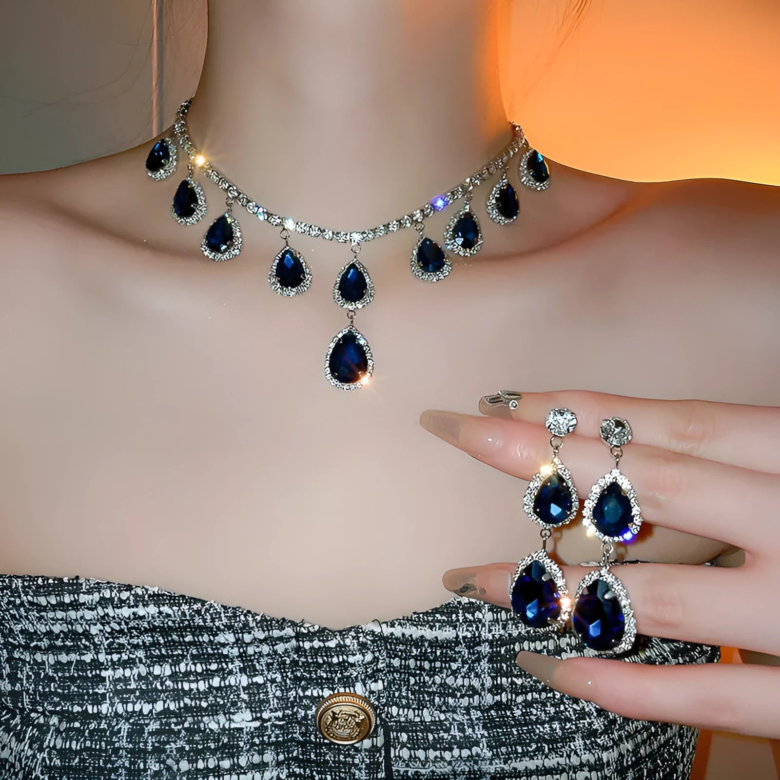Silver needle water drop earrings and necklace set in blue with zircon pendant on alloy chain