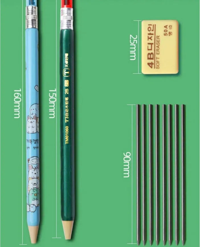 Cartoon-style plastic mechanical pencil for children with 2.0 mm thick lead, shown with spare lead cylinders.
