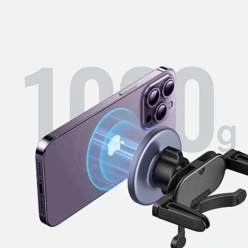 Black magnetic suction mobile phone holder with double tail clip for air vent, compatible with iPhone 12-14