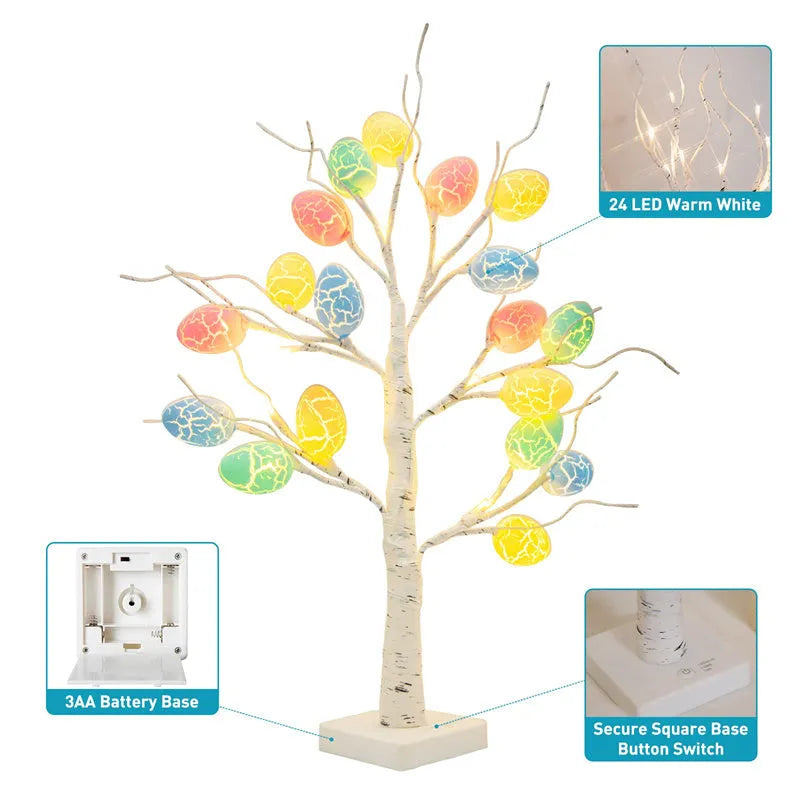 White LED birch tree with black bark markings and cracked egg ornaments, 60cm tall with adjustable branches