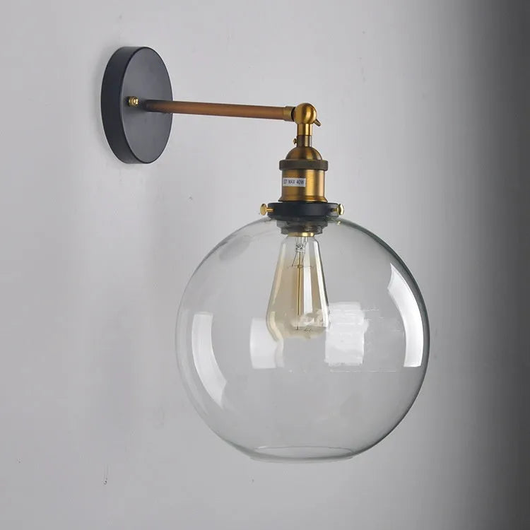 20cm retro glass ball wall lamp with aluminium holder in transparent, amber or smoky grey