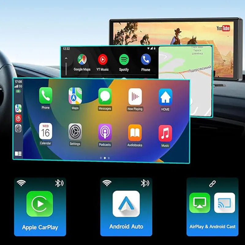Black car navigation device with 1026-inch touch screen showing split screen display of maps and camera footage
