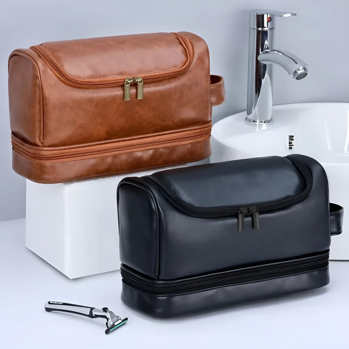 PU leather storage bag with hook in brown, black or dark brown for travel toiletries and cosmetics