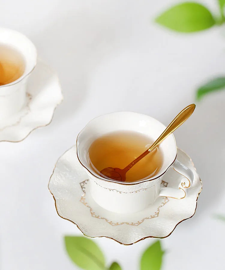 Afternoon tea set with 6 ceramic cups and saucers, borosilicate glass teapot, hand-painted gold, and iron frame spoon holder in gift box