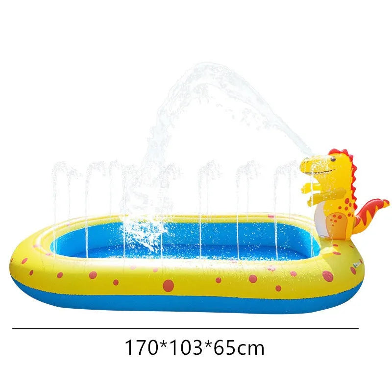 Blue inflatable dinosaur shark shaped water play pool for children in garden