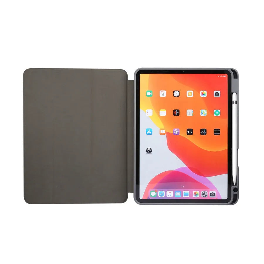 Dark grey imitation leather iPad tri-fold case with integrated pen slot, shown in stand position.