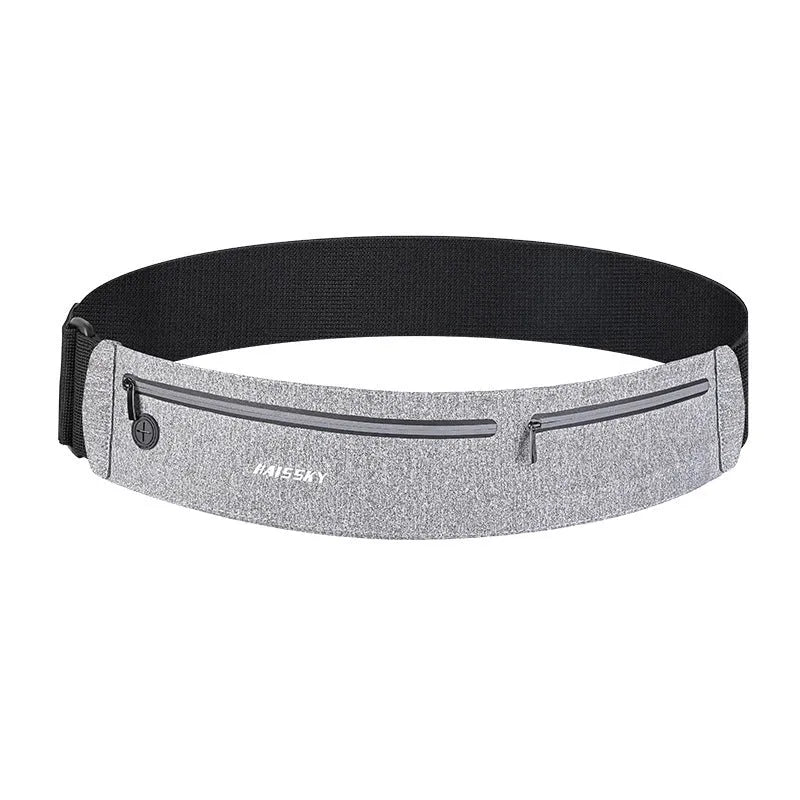 Unisex waterproof waist bag in camouflage crocodile, heather grey, or black, showing 8-inch chinlon Lycra construction.