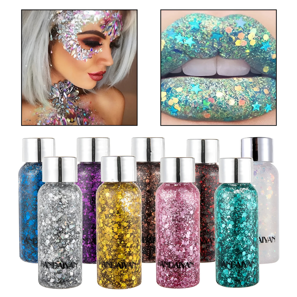 Glitter body gel jar 30g with chunky sequins and laser colour shift on a white background