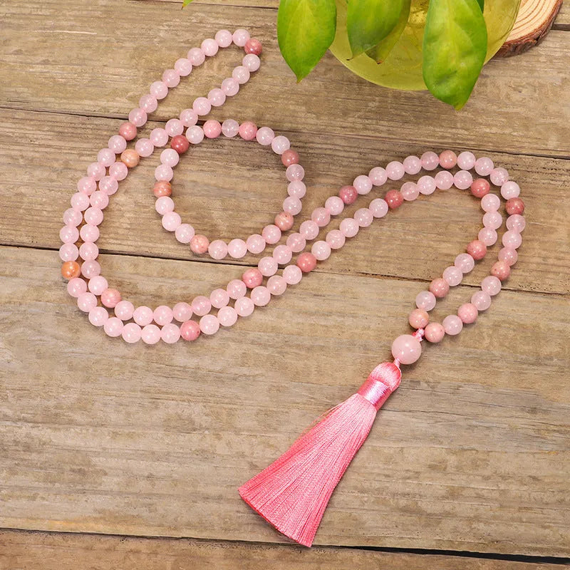 Stone bead string necklace bracelet set with tassel fringe detailing and adjustable length